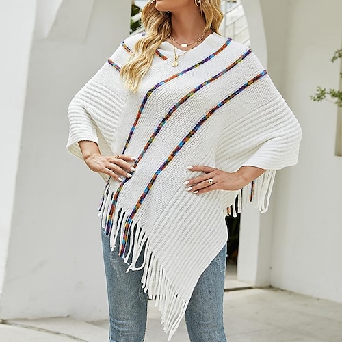 

Women's Shirt Shrugs Black Blue Yellow Striped Tassel Crochet Long Sleeve Casual Ponchos V Neck Regular One-Size