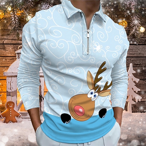 

Men's Collar Polo Shirt Golf Shirt Animal Elk Turndown Blue 3D Print Outdoor Christmas Long Sleeve Zipper Print Clothing Apparel Fashion Designer Casual Breathable