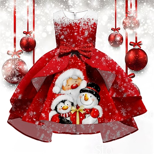 

детское платье для девочек праздничное платье Санта-Клаус снеговик снежинка без рукавов с рюшами и круглым вырезом элегантное красивое свободное платье длиной до колен из полиэстера платье трапециевидной формы осень-зима 3-10 лет
