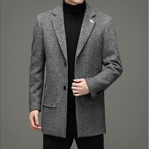

Men's Casual Overcoat Long Standard Fit Checkered Single Breasted Two-buttons Light Grey Dark Grey 2022