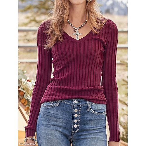 

Women's Blouse Shirt Wine Plain Long Sleeve Casual Weekend Basic V Neck Regular Cotton S