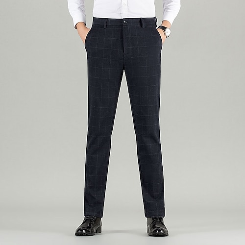 

Men's Dress Pants Thick Warm Long Micro-elastic Standard Fit Plaid Black Blue 2022