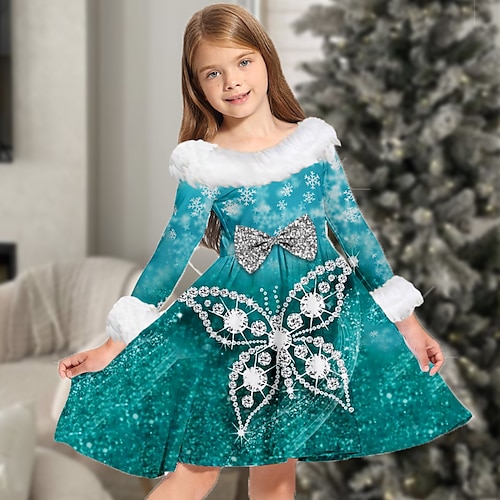 

Kids Girls' Christmas Dress Butterfly Sequin Casual Dress Above Knee Dress Christmas Gifts Fur Trim Crew Neck Long Sleeve Adorable Dress 2-13 Years Winter Blue