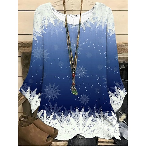 

Women's Plus Size Christmas Tops Blouse Shirt Snowflake Print Long Sleeve Casual Holiday Daily Polyester Winter Fall Blue