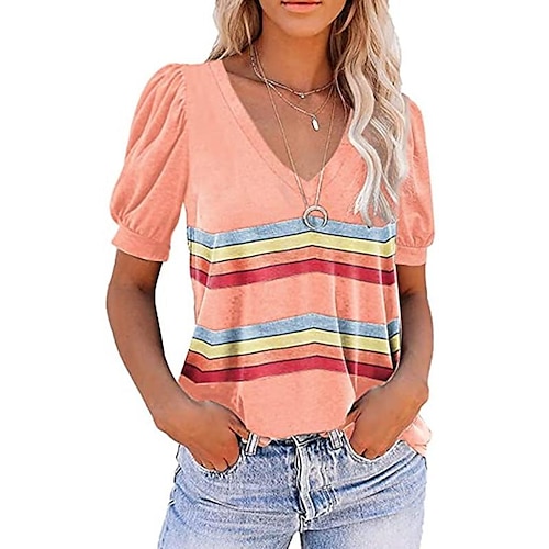 

Women's T shirt Tee Black Blue Purple Striped Print Short Sleeve Daily Weekend Basic V Neck Regular Painting S