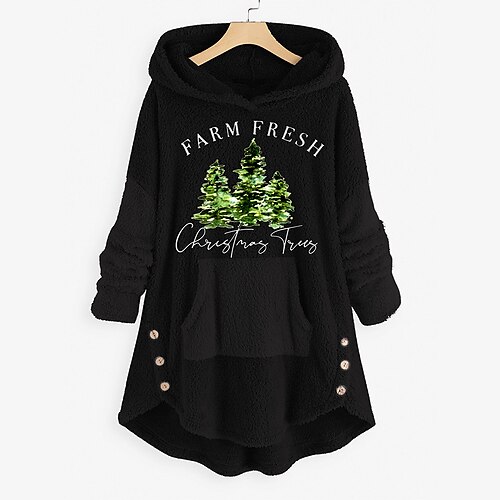 

Women's Sweatshirt Pullover Sherpa Fleece Teddy Button Front Pocket Black Red Gray Christmas Tree Christmas Round Neck Long Sleeve Fleece S M L XL XXL 3XL