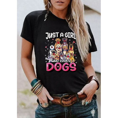 

Mulheres Camiseta Preto Branco Vinho Gráfico Cachorro Imprimir Manga Curta Diário Feriado Básico Decote Redondo Padrão 100% Algodão Pintura S