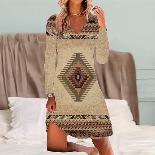 

Women's Casual Dress T Shirt Dress Tee Dress Shift Dress Mini Dress Khaki Long Sleeve Geometric Pocket Winter Fall Spring V Neck Fashion Daily 2022 S M L XL XXL 3XL