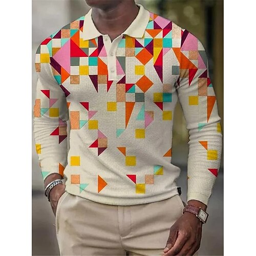 

Men's Collar Polo Shirt Golf Shirt Plaid Graphic Prints Geometry Turndown Beige 3D Print Outdoor Street Long Sleeve Button-Down Print Clothing Apparel Fashion Designer Casual Soft