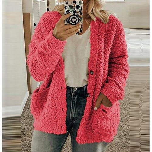 

Women's Plus Size Teddy Coat Winter Coat Pocket Plain Outdoor Causal Long Sleeve Open Front Regular Winter Fall Black Purple Pink L XL XXL 3XL 4XL