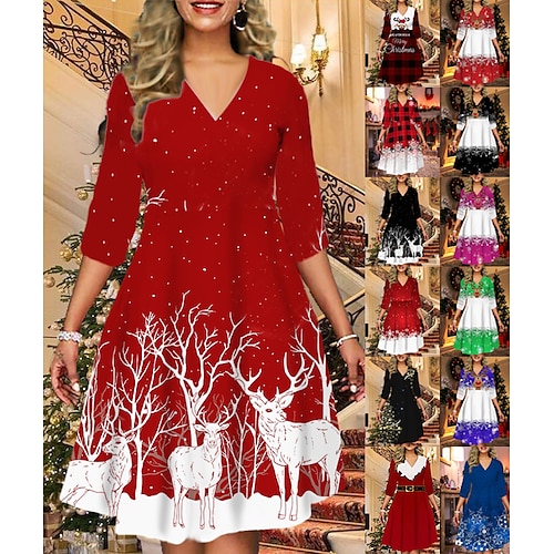 

Women's Christmas Print Dress Green Blue Purple Red Black Long Sleeve Elk Snowman Tree Print Winter Autumn V Neck Fashion Casual Fall Dress Loose Fit 2022 S M L XL 2XL 3XL 4XL 5XL 6XL