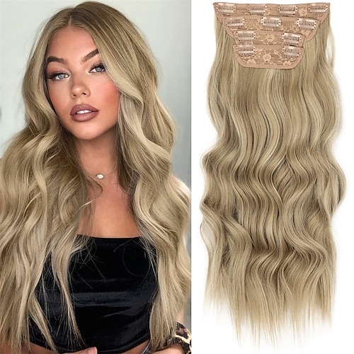

4PCS Clip in Long Soft Glam Waves Thick Hairpieces 20 inches Medium Brown mix Golden Blonde Hair Extensions Synthetic Fiber Double Weft Hair for Women Full Head