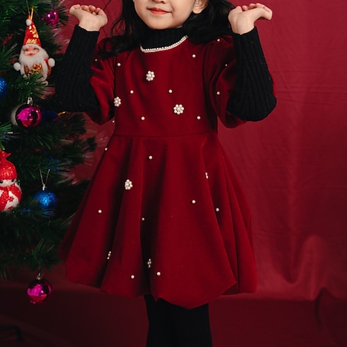 

Kids Girls' Christmas Dress Solid Color Velvet Dress Above Knee Dress Outdoor Crew Neck Long Sleeve Casual Dress 2-12 Years Winter Red