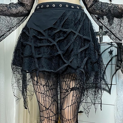 

Women's Skirt Gothic Dress Mini Polyester Black Skirts Rivet Lace Trims Punk & Gothic S M L