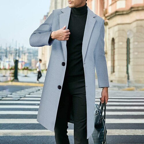 

Men's Casual Overcoat Long Regular Fit Solid Colored Single Breasted Two-buttons Green Light Grey Sky Blue 2022