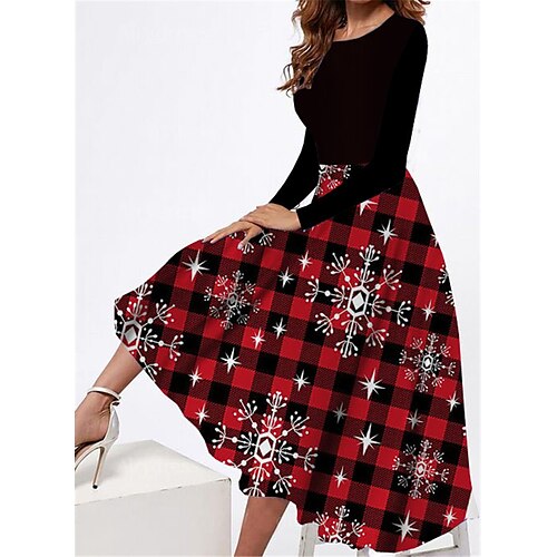 

Women's Casual Dress Swing Dress Midi Dress Wine Long Sleeve Plaid Pocket Winter Fall Autumn Round Neck Fashion Christmas Daily Weekend 2022 S M L XL XXL 3XL