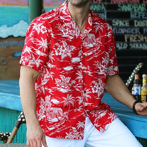 

Men's Shirt Coconut Tree Tropical Graphic Prints Leaves Turndown Red 3D Print Outdoor Street Short Sleeve Button-Down Print Clothing Apparel Tropical Fashion Hawaiian