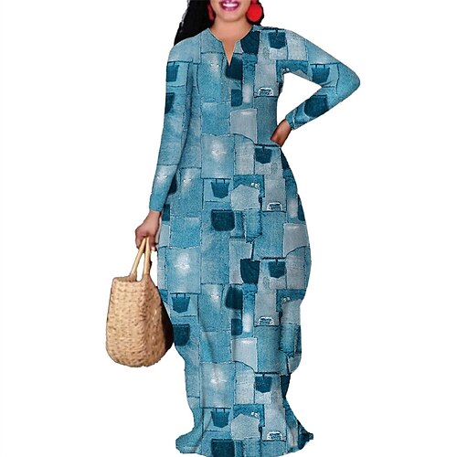 

Women's Plus Size Casual Dress Geometric V Neck Long Sleeve Winter Fall Casual Maxi long Dress Daily Vacation Dress