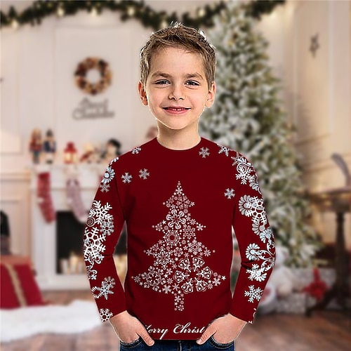 

Kids Boys Christmas T shirt Tee Christmas Tree Long Sleeve Crewneck Children Top Casual Daily Winter Fall Wine 3-12 Years