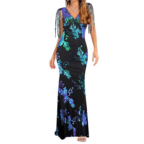

Women's Party Dress Fringe Dress Sequin Dress Green Gold Half Sleeve Floral Sequins Spring Summer V Neck Mature Vacation Slim 2022 S M L XL