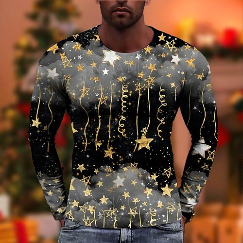 

Men's Unisex Christmas T shirt 3D Print Graphic Prints Snowflake Star Print Long Sleeve Tops Casual Designer Big and Tall Black Gray