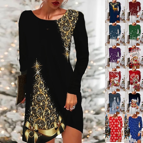 

Women's Christmas Casual Dress T Shirt Dress Tee Dress Mini Dress Black Blue Red Long Sleeve Tree Snowflake Pocket Print Winter Fall Crew Neck Vacation Casual 2022 S M L XL XXL 3XL