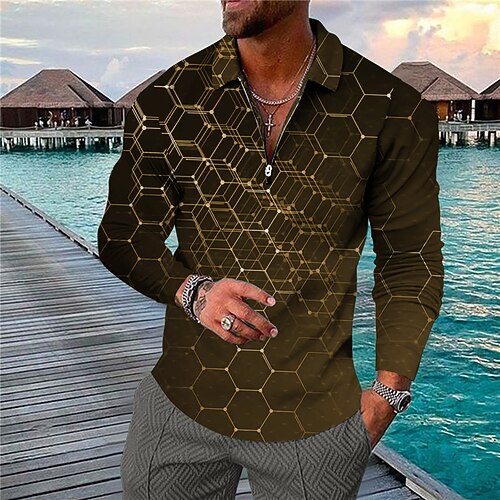 

Men's Polo Shirt Golf Shirt Graphic Prints Geometry Turndown Black Brown 3D Print Outdoor Street Long Sleeve Zipper Print Clothing Apparel Fashion Designer Casual Soft