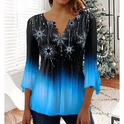 

Women's Shirt Blue Color Gradient Snowflake Button Print 3/4 Length Sleeve Christmas Streetwear Casual Round Neck Regular S