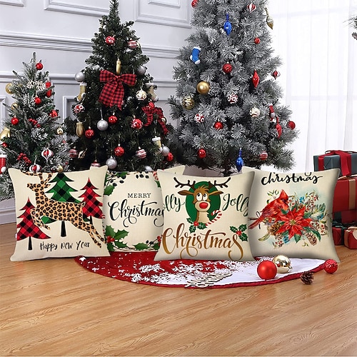 

Christmas Party Double Side Throw Pillow Cover 4PC Soft Santa Claus Holiday Decorative Square Throw Pillow Cover Cushion Pillowcase for Bedroom Livingroom Machine Washable