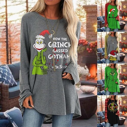 

Women's T shirt Tee Green Yellow Red Graphic Grinch Print Long Sleeve Daily Weekend Basic Round Neck Long Painting S