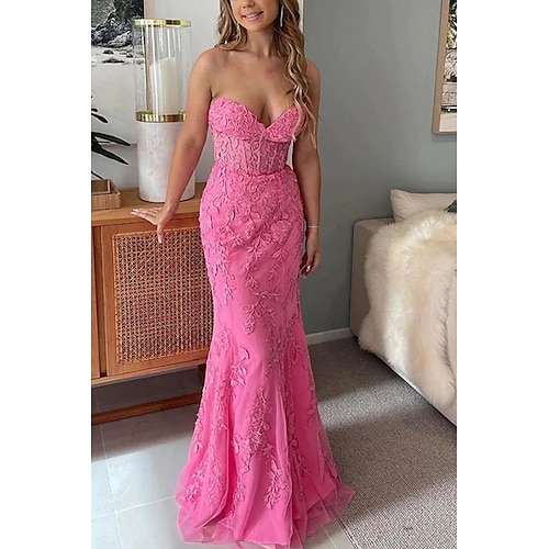 

Mermaid / Trumpet Prom Dresses Open Back Dress Formal Sweep / Brush Train Sleeveless Sweetheart Neckline Tulle Backless with Appliques 2022
