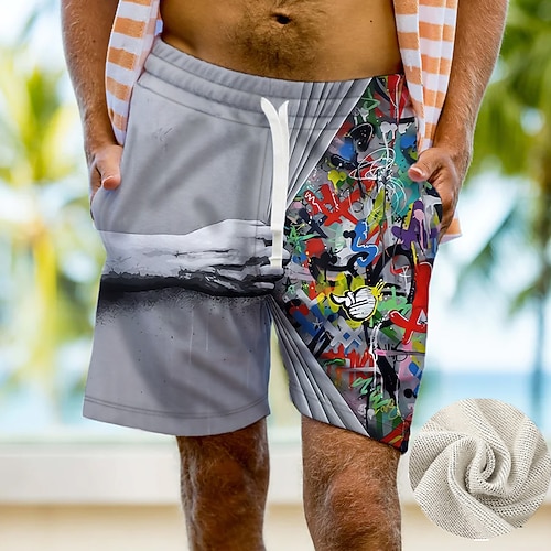 

Men's Beach Shorts Terry Shorts Drawstring Elastic Waist 3D Print Graphic Hand Breathable Soft Short Casual Daily Holiday Streetwear Designer Purple Grey Micro-elastic