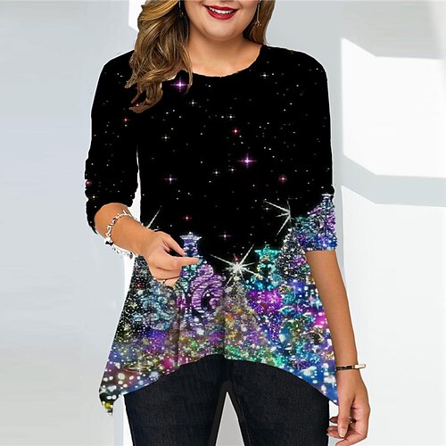 

Women's Plus Size Christmas Tops Blouse Floral Tree Print Long Sleeve Crew Neck Casual Festival Daily Cotton Spandex Jersey Winter Fall Black Blue