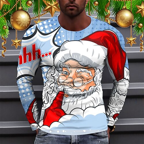 

Men's T shirt Tee Santa Claus Graphic Prints Crew Neck Blue Light Blue 3D Print Outdoor Christmas Long Sleeve Print Clothing Apparel Basic Sports Designer Casual