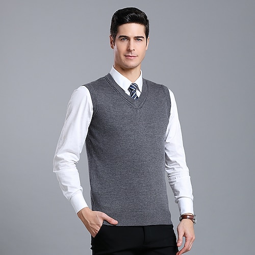 

Men's Sweater Vest Jumper Ribbed Knit Knitted Braided Pure Color V Neck Vintage Style Casual Christmas Work Drop Shoulder Winter Fall Black Light gray S M L