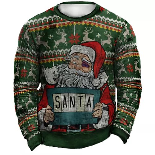 

Men's Sweatshirt Pullover Green Crew Neck Santa Claus Graphic Prints Print Daily Sports Holiday 3D Print Basic Streetwear Designer Spring & Fall Clothing Apparel Hoodies Sweatshirts