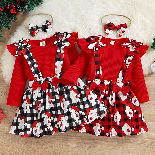 

3 Pieces Toddler Girls' Christmas Plaid Skirt & Sweater Set Long Sleeve Active Outdoor 3-7 Years Winter Black Red