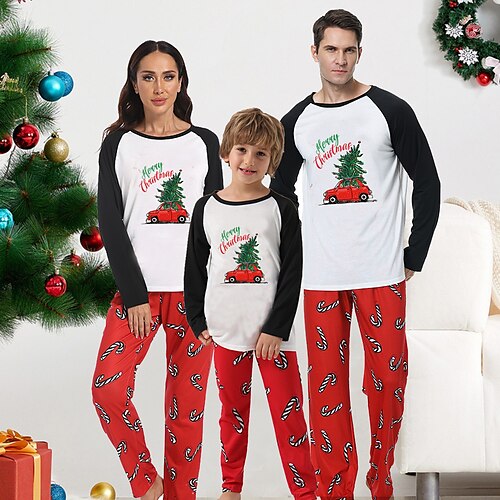 

Christmas Pajamas Family Letter Christmas Tree Candy Cane Home Green Black Red Long Sleeve Basic Matching Outfits