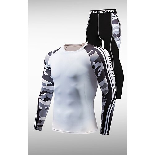 

Men's Compression Suit Patchwork 2 Piece Athletic Winter Long Sleeve High Waist Breathable Quick Dry Moisture Wicking Fitness Running Jogging Sportswear Activewear Color Block Blue / Black Blue and