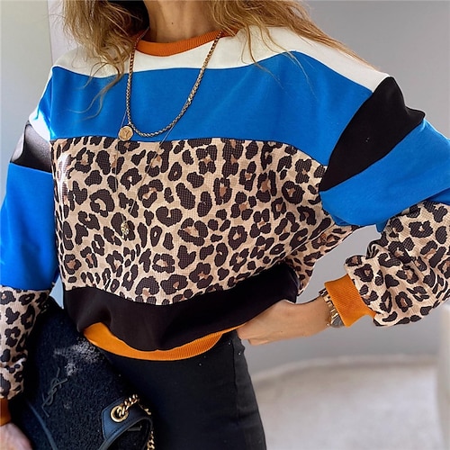 

Women's Pullover Sweater jumper Jumper Ribbed Knit Knitted Leopard Crew Neck Stylish Casual Outdoor Daily Winter Fall Blue Orange S M L / Long Sleeve