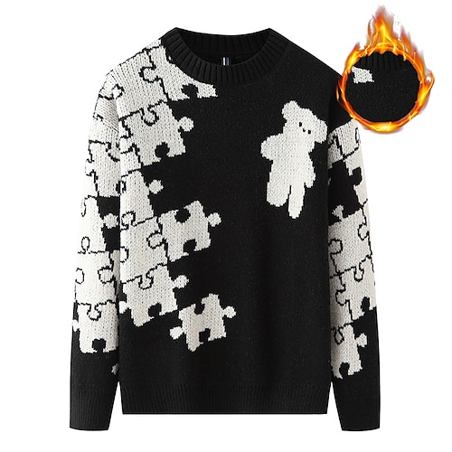 

Men's Sweater Pullover Sweater Jumper Ribbed Knit Tunic Knitted Cartoon Crew Neck Keep Warm Modern Contemporary Work Daily Wear Clothing Apparel Winter Fall Black Green M L XL