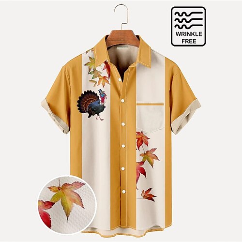 

Men's Shirt Striped Graphic Prints Maple Leaf Turndown Yellow 3D Print Outdoor Street Short Sleeves Button-Down Print Clothing Apparel Tropical Fashion Casual Hawaiian