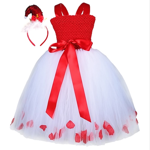 

Toddler Girls' Christmas Party Dress Solid Color Party Dress Dress Performance Crew Neck Sleeveless Active Dress 3-7 Years Winter Red