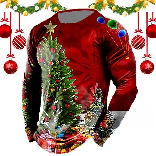 

Men's T shirt Tee Graphic Prints Character Crew Neck Red 3D Print Christmas Street Long Sleeve Print Clothing Apparel Basic Vintage Sports Designer