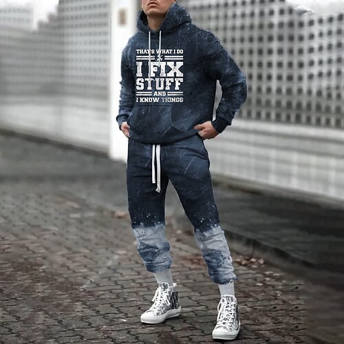 

Men's Tracksuit Hoodie Hoodies Set Navy Blue Hooded Graphic Letter 2 Piece Print Sports & Outdoor Casual Sports 3D Print Basic Streetwear Sportswear Fall Spring Clothing Apparel Hoodies Sweatshirts