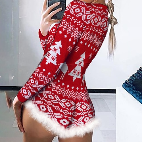 

Women's Bodysuit Feather Print Snowflake V Neck Streetwear Christmas Vacation Regular Fit Long Sleeve Red S M L Winter