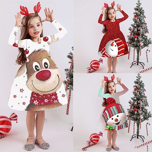 

Kids Girls' Christmas Dress Solid Color A Line Dress Above Knee Dress Outdoor Crew Neck Long Sleeve Fashion Dress 3-7 Years Winter Mint Green Red White