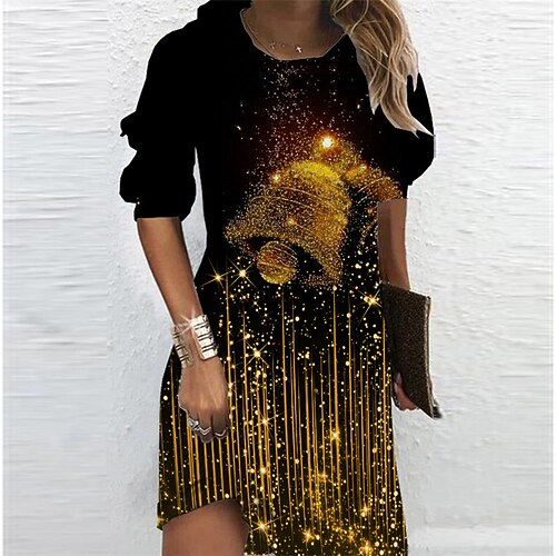 

Women's Hoodie Dress Shift Dress Mini Dress Gold Long Sleeve Christmas Bell Print Winter Fall Spring Hooded Fashion Christmas Daily 2022 S M L XL XXL 3XL