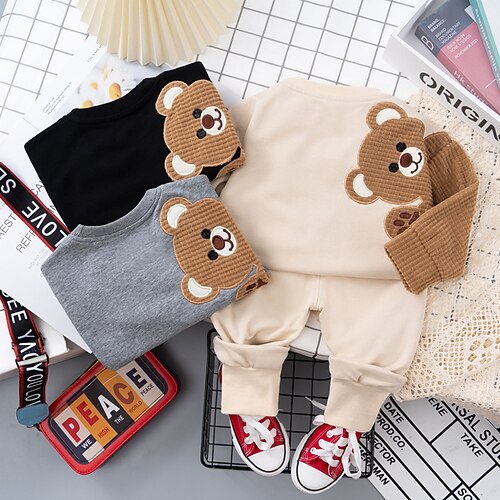 

2 Pieces Toddler Boys Sweatshirt & Pants Outfit Solid Color Animal Letter Long Sleeve Cotton Set Outdoor Fashion Daily Winter Fall 3-7 Years Creamy-white Black Gray