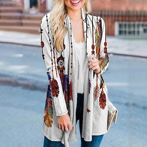 

Women's Shirt Shrugs Green Blue Red Cat Feather Print Long Sleeve Christmas Casual Basic V Neck Regular S